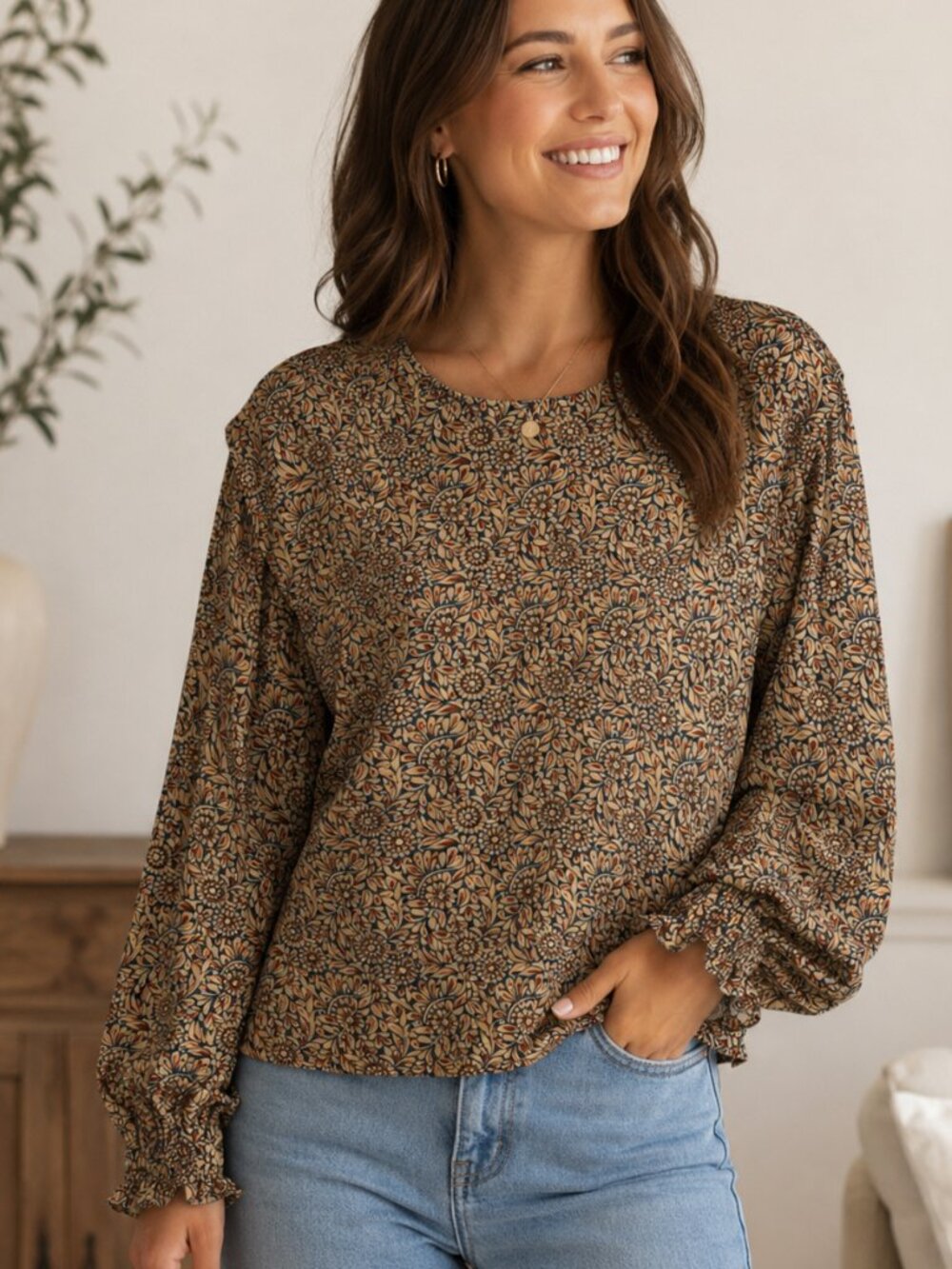 NWT A.N.A. Layla Floral Blouse Cotton Blend Long Sleeve 0X Top Boho
